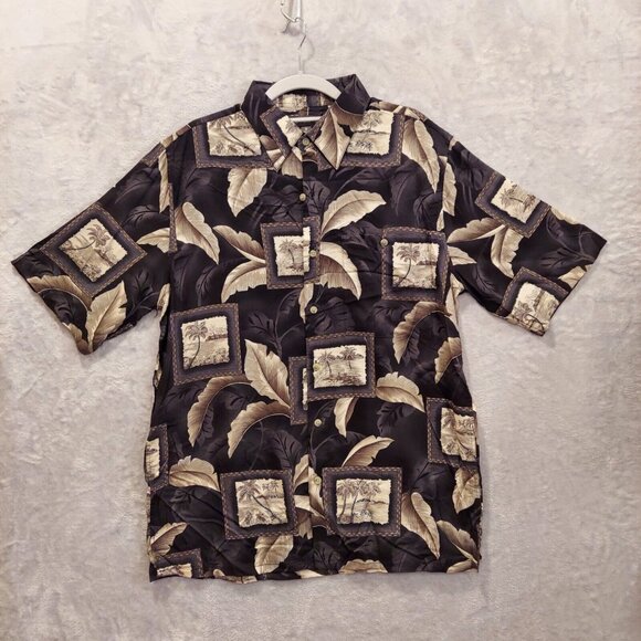 Croft & Barrow Mens M Black Grey Palm Hawaiian Button Up Short Sleeve Casual vac - Picture 11 of 11